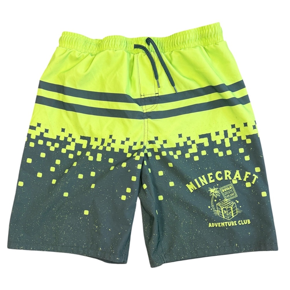 Minecraft Swim Trunks Boys 14/16 Neon Green Pixel Adventure Club Board Shorts